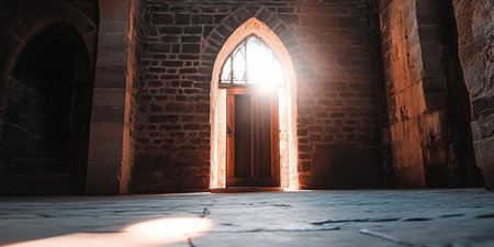 Bright sunlight pours through an arched doorway in a weathered stone structure, creating a warm glow on the floor. The scene captures a moment of serenity, highlighting architectural beauty.の素材