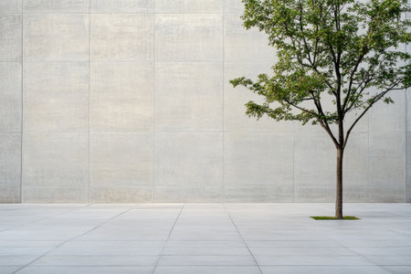 A solitary tree with lush green foliage grows alongside a smooth, light-colored concrete wall in an urban space. The simple surroundings emphasize the tree's natural beauty.の素材
