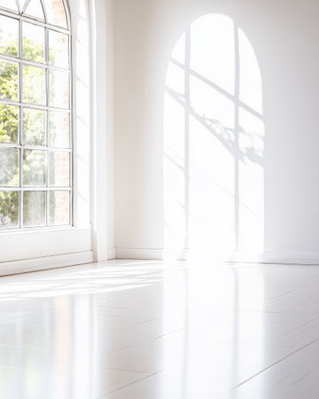 A spacious interior features a large arched window allowing sunlight to flood the room, creating soft shadows on the bright, polished floor, enhancing the serene atmosphere.の素材