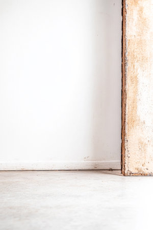 This setting features a minimalist corner with a textured wall and smooth floor, illuminated by natural light. The simplicity highlights the elegance of the space.の素材