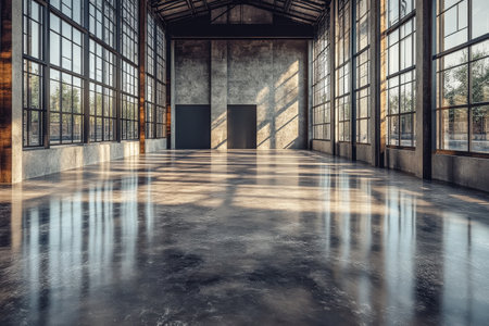 Sunlight streams through tall windows in a spacious industrial area, highlighting the polished concrete floor and creating a serene, modern atmosphere ideal for events or creative activities.の素材