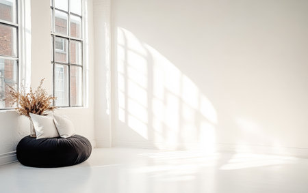 Sunlight streams through large windows into a minimalist room, illuminating a cozy seating area with a black cushion and decorative pillows. A simple planter adds a touch of nature.の素材