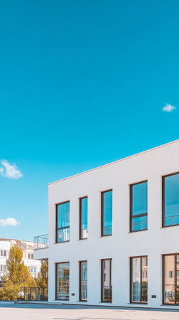 A contemporary building features expansive windows that reflect the bright blue sky. The clean lines and minimalist design highlight the beauty of modern urban architecture.の素材