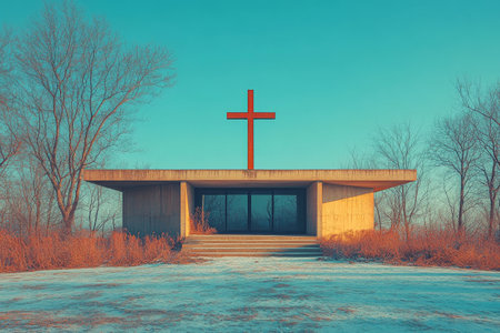 A modern chapel stands alone in a serene winter landscape, featuring a prominent red cross. Surrounding trees bare their branches against the clear blue sky, adding tranquility to the scene.の素材