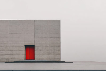 A minimalist building showcases a bold red door set against a light gray concrete wall. The simple structure is partially shrouded in fog, adding an air of mystery to the urban landscape.の素材