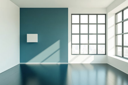 A bright room showcases a blue accent wall and expansive windows allowing natural light to flood the space. The sleek flooring complements the minimalist aesthetic of the area.の素材