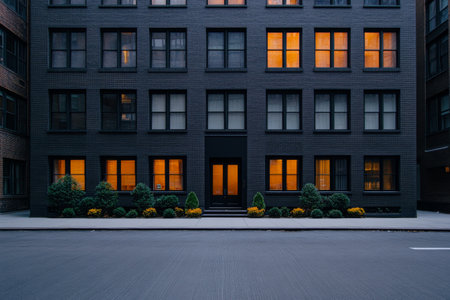 The sleek black structure stands prominently against a dusk sky, with soft orange light spilling from its windows.の素材
