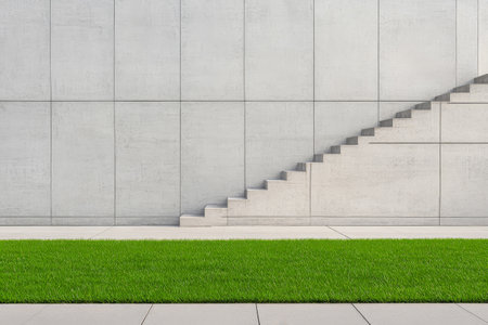 A contemporary staircase made of concrete rises beside a well-maintained green lawn, offering a stark, minimalist aesthetic. The clean lines highlight the harmony between architecture and nature.の素材