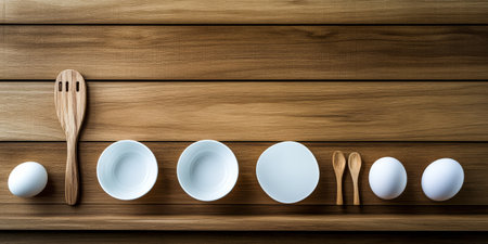 A minimalist layout features various ceramic bowls and spoons arranged neatly on a wooden surface alongside raw eggs. The setup highlights the simplicity of kitchen essentials.の素材