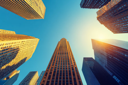 The view captures towering skyscrapers reaching into the clear blue sky during the late afternoon. Sunlight reflects off the glass facades, creating a vibrant city atmosphere.の素材