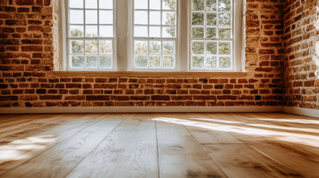 Sunlight streams through large windows, illuminating a spacious room with warm wooden flooring and rustic brick walls. The inviting atmosphere highlights the natural beauty of the space.の素材