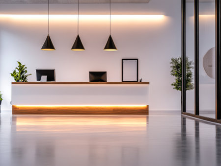 The reception area features a minimalist design, with a wooden front desk, elegant lighting fixtures, and lush indoor plants. Two computer monitors are set up, creating a welcoming atmosphere.の素材