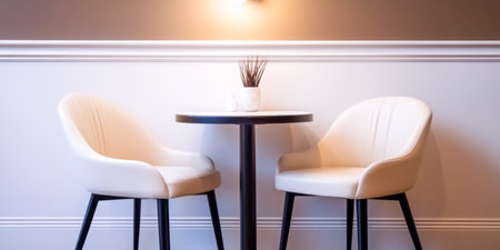 A stylish seating area features two elegant white chairs paired with a small round table, complemented by a minimalistic decor and soft lighting, creating a welcoming environment.の素材