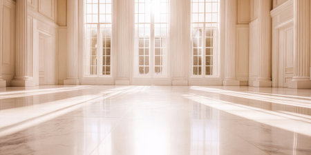 Sunlight streams through tall windows, illuminating the spacious hall with polished marble floors and elegant columns. The atmosphere exudes tranquility and classic beauty, perfect for gatherings.の素材