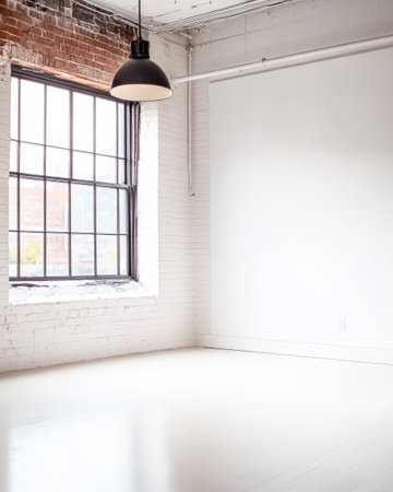 A bright, minimalistic room features a large window revealing an urban view. The space has white walls and a sleek light fixture, creating an inviting atmosphere for various activities.の素材