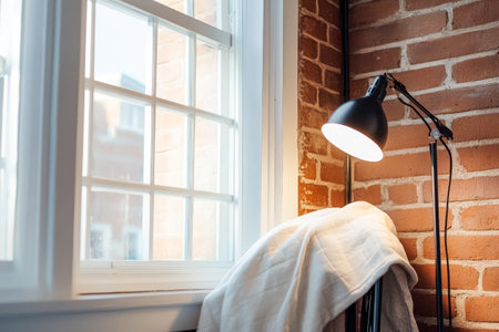 A warm and inviting corner features a desk lamp illuminating a soft blanket draped over a chair. Sunlight streams through the window, highlighting the rustic brick walls of the room.の素材