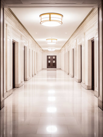 The hallway features polished marble floors, illuminated by classic light fixtures, with wooden doors lining the walls, creating a serene ambiance.の素材