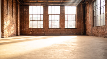 The bright, open space features large windows allowing sunlight to illuminate the polished concrete floor, showcasing the rustic charm of exposed brick walls during the day.の素材
