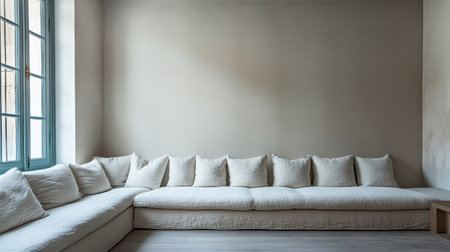A spacious seating area features a large, L-shaped couch adorned with soft, pale cushions, positioned against a light wall. The sunlight filters through a window, enhancing the tranquil ambiance.の素材
