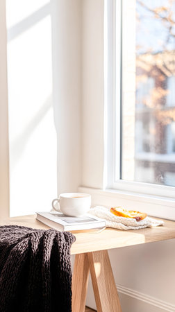 Sunlight streams into a cozy corner, highlighting a wooden table where a warm mug of coffee rests on a stack of books, accompanied by a cozy blanket and a slice of orange.の素材