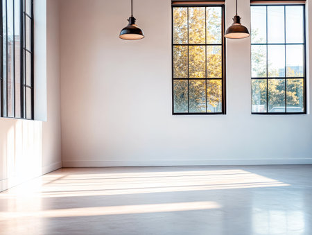 The spacious, empty room features large windows letting in natural light, casting shadows on the floor. Industrial-style pendant lights hang from the ceiling, adding character to the bright space.の素材