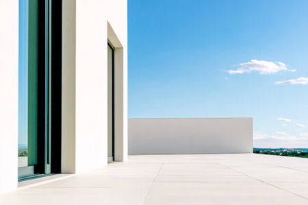A spacious terrace with a smooth tiled surface and large glass doors opens up to a bright blue sky. The clean lines and white walls enhance the peaceful atmosphere, ideal for relaxation.の素材