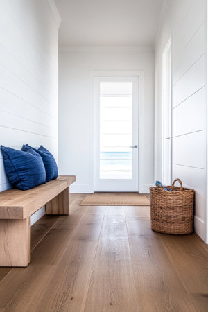 A serene coastal hallway features a minimalist design with a wooden bench adorned with blue pillows. Natural light floods the space from the glass door, leading to the beach.の素材