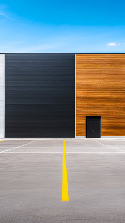 The striking facade showcases a blend of textured wood and sleek black surfaces under a clear blue sky, surrounded by empty parking spaces, emphasizing contemporary design in urban architecture.の素材