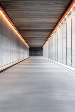 A spacious corridor showcases minimalist design elements, featuring smooth concrete walls and ambient lighting along the ceiling. The tranquil atmosphere invites exploration and reflection.の素材