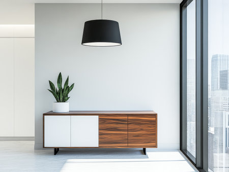 A contemporary living room features a stylish wooden cabinet with white accents. A green plant adds a touch of nature to the sleek interior, while large windows offer stunning city views.の素材