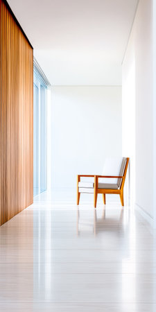 A serene, minimalist interior showcases a wooden wall beside a stylish chair. Bright natural light floods the space, creating a peaceful atmosphere perfect for relaxation.の素材
