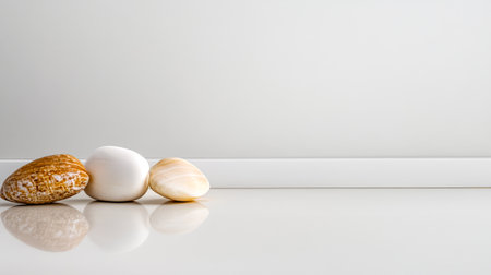 Three assorted sea shells of different colors and textures rest on a smooth, reflective surface. The minimalist background emphasizes their natural details, creating a serene aesthetic.の素材