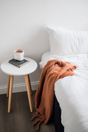 A serene bedroom features a comfortable bed with white bedding, a burnt orange blanket draped over the edge, and a side table holding a cup of coffee and a book, creating a welcoming atmosphere.の素材