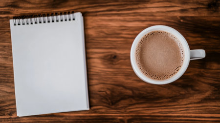 A wooden table hosts a serene setup with a blank notepad and a steaming cup of coffee, creating a perfect environment for creative writing or planning during a quiet morning.の素材