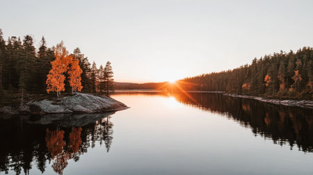 A breathtaking sunset casts golden hues over a peaceful lake surrounded by autumn-colored trees. The still water mirrors the beauty of nature in a northern wilderness setting.の素材