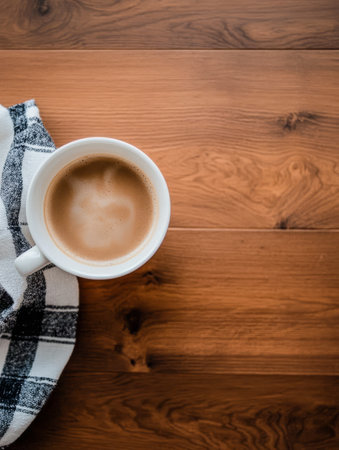 A warm cup of coffee rests on a rustic wooden table, accompanied by a checkered cloth, creating a cozy morning atmosphere filled with warmth and comfort.の素材