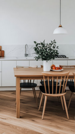 A cozy dining area showcases a wooden table surrounded by black chairs. A vase of greenery and a bowl of fresh fruit sit in the center. Sunlight streams in, highlighting the modern kitchen's design.の素材