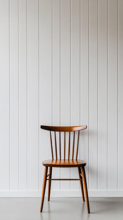 A single wooden chair with a classic design is placed centrally against a smooth white wall, creating a minimalist aesthetic that highlights simplicity and calmness.の素材