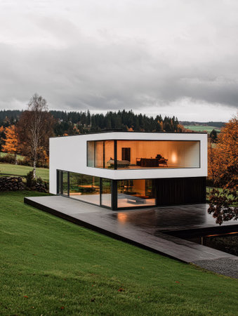 A contemporary house features large windows with a striking design, set in a lush green environment with autumn foliage. The cloudy sky adds a dramatic touch to the serene landscape.の素材