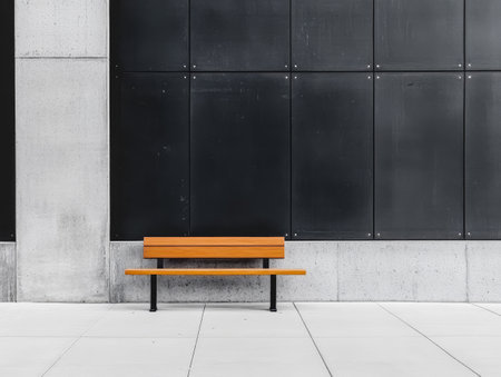 A wooden bench with black legs stands alone in front of a sleek black wall, contrasting with the light pavement. The setting is tranquil, highlighting the simplicity of urban design.の素材