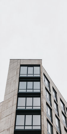 A sleek concrete structure with large windows stands prominently against a dull gray sky, showcasing modern architecture in an urban landscape. The design emphasizes clean lines and minimalism.の素材