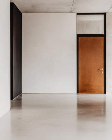 A spacious, minimalist room with a polished concrete floor and a wooden door against a stark white wall, highlighting contemporary architectural design with clean lines.の素材