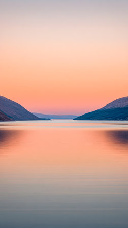 A peaceful lake reflects soft sunset colors amid gently sloping mountains. The tranquil atmosphere offers a perfect escape into nature's beauty during twilight hours.の素材