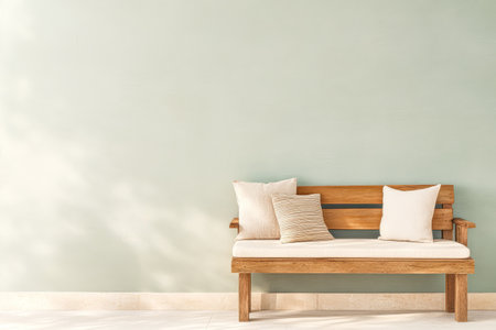 A comfortable wooden bench adorned with soft cushions sits against a calming green wall, creating a peaceful atmosphere for relaxation and enjoyment in an indoor space.の素材