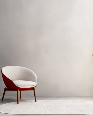 This setting features a stylish mid-century chair with a red wood frame and neutral upholstery. The room is simple, emphasizing the chair against a soft beige wall, enhancing the modern aesthetic.の素材