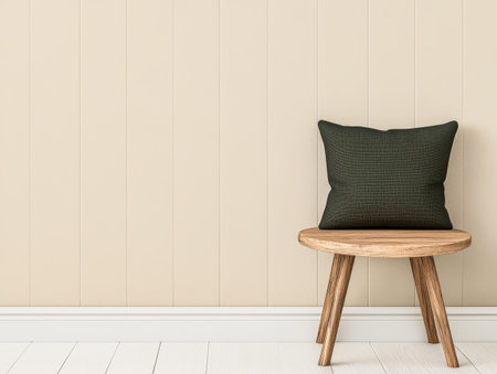 A simple wooden stool holds a textured green cushion, positioned against a soft beige wall. The clean floor enhances the calm ambiance of this cozy space.の素材