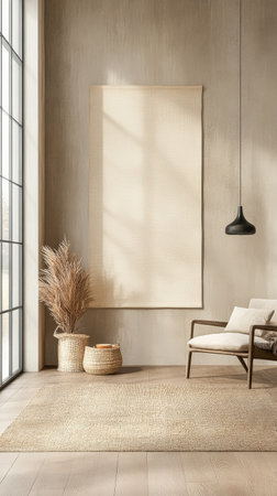 A cozy living room features a comfortable chair, natural decorative elements, and a large wall hanging. Sunlight pours through a tall window, highlighting the warm, inviting space.の素材