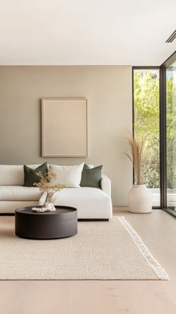 The living room showcases a sleek white sofa adorned with green pillows, a round black coffee table, and plants, all bathed in natural light from large windows, creating a tranquil atmosphere.の素材