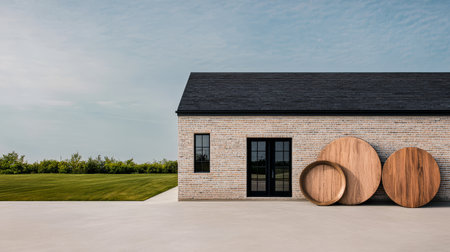 A modern rural house features a simple brick exterior and large windows. Two large wooden round tables rest on the patio, surrounded by a lush green lawn, creating a peaceful outdoor setting.の素材