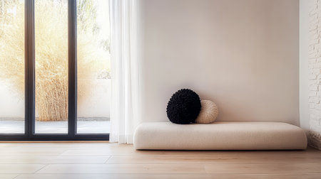 A serene living area showcases a light-toned bench with two stylish cushions. Soft natural light filters through large windows, highlighting a simple yet elegant ambiance.の素材